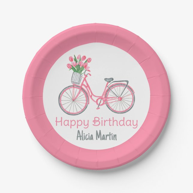 Pink Bicycle Basket Tulip Flower Any Age Birthday Paper Plates (Front)