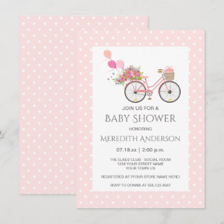Pink Bicycle Flowers Polka Dots Baby Shower Invitation