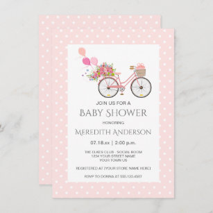 Pink Bicycle Flowers Polka Dots Baby Shower Invitation