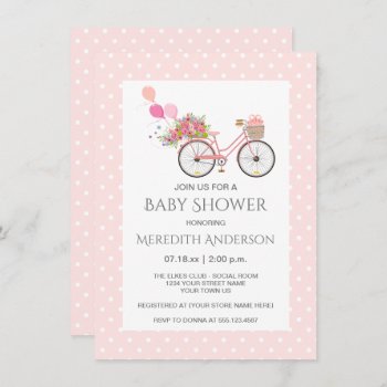 Pink Bicycle Flowers Polka Dots Baby Shower Invitation by dmboyce at Zazzle
