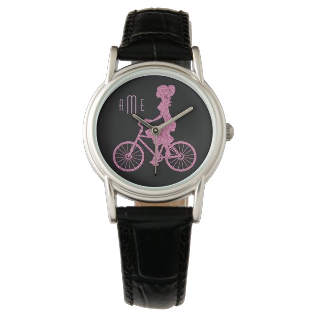 Pink Bicycle on Black Monogram Watch (Front)