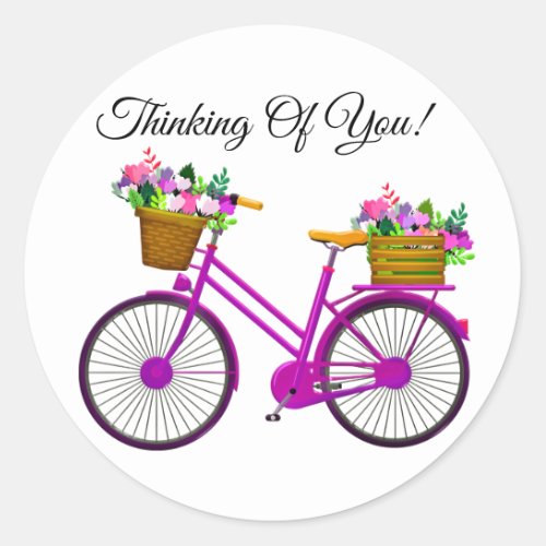 Pink Bicycle With Basket Of Flowers Classic Round Sticker
