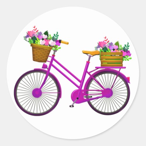 Pink Bicycle With Basket Of Flowers _ Classic Round Sticker