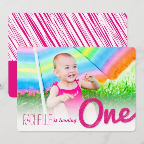 Big Sketch One Baby Girl First Birthday Party Card