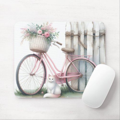 Pink Bike and White Cat Mouse Pad