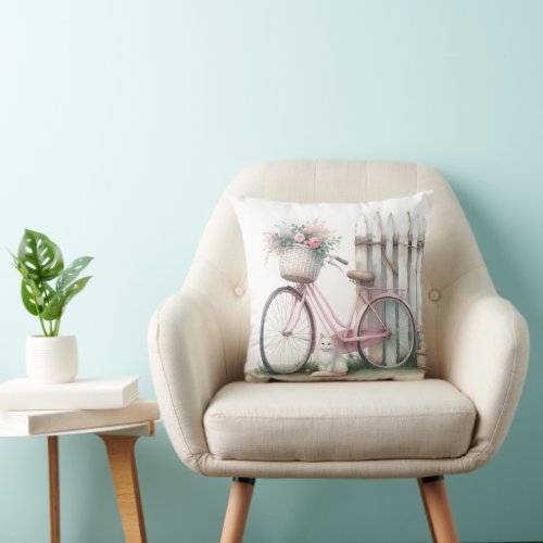Pink Bike and White Cat Throw Pillow
