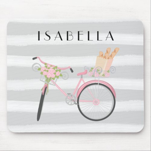 Pink Bike with French Bread and Gray Watercolor Mouse Pad
