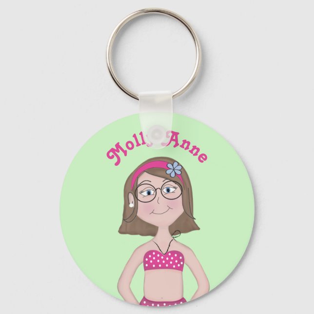 Pink Bikini, fair skin, brunette, blue, Bob, Glass Keychain (Front)