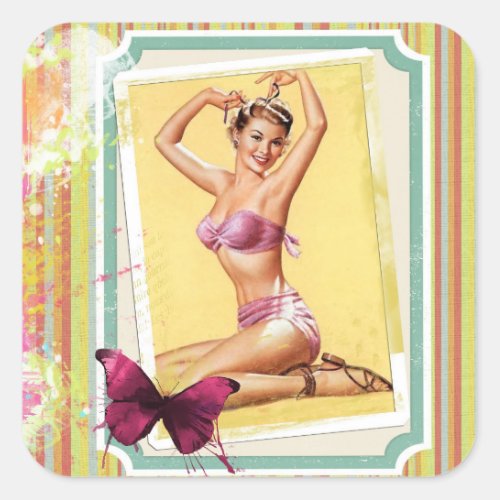 Pink Bikini Pin Up Girl Glossy Square Sticker