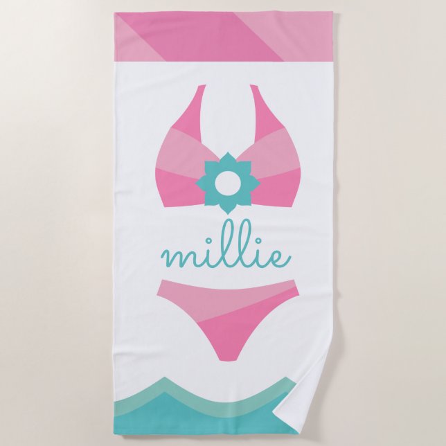 Pink Bikini Swimsuit Personalized Beach Towel (Front)