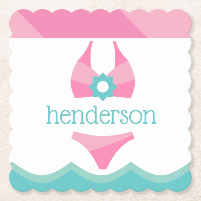 Pink Bikini Swimsuit Personalized Paper Coasters (Front)
