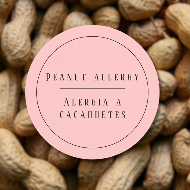 Pink Bilingual Peanut Allergy Alert Spanish Classic Round Sticker (Pink Bilingual Peanut Allergy Alert, Spanish custom text, Multilingual Project)