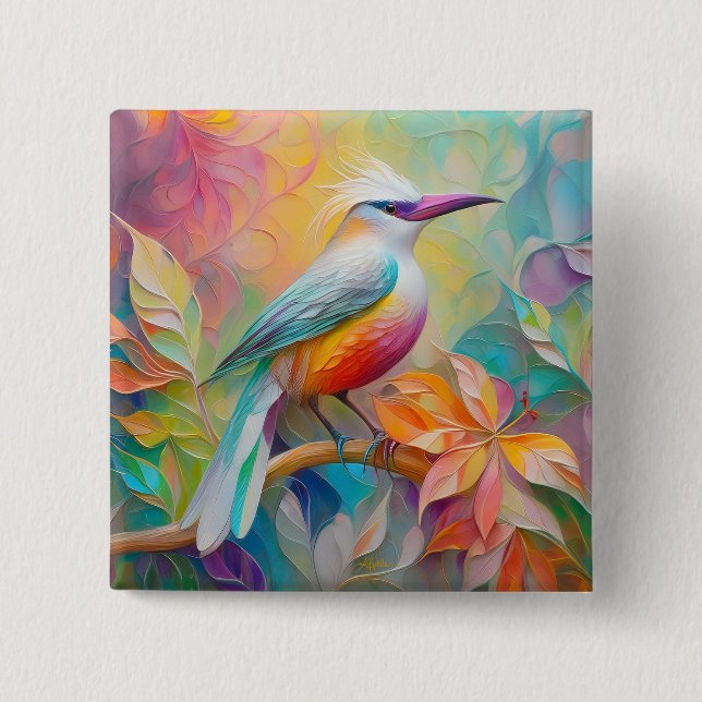 Pink Billed Red Breasted Fantasy Bird Button (Front)