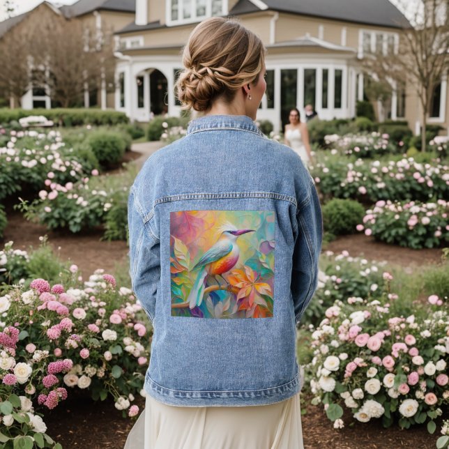 Pink Billed Red Breasted Fantasy Bird Denim Jacket (Wedding Back)