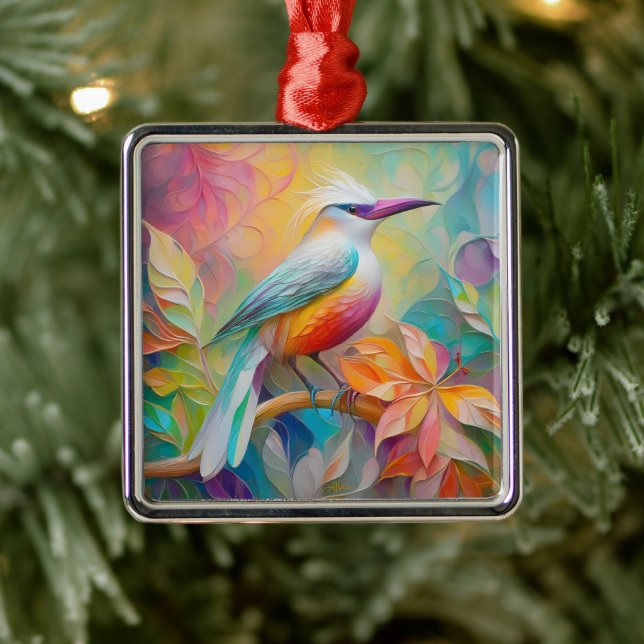 Pink Billed Red Breasted Fantasy Bird Metal Ornament (Tree)