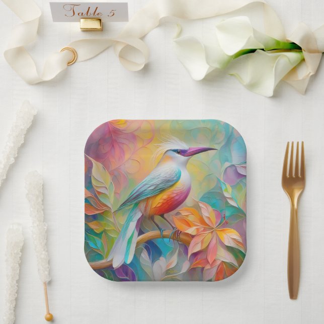 Pink Billed Red Breasted Fantasy Bird Paper Plates (Wedding)