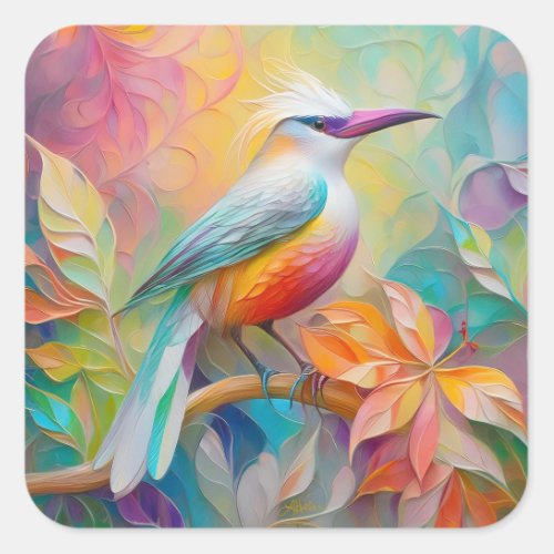 Pink Billed Red Breasted Fantasy Bird Square Sticker