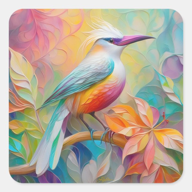 Pink Billed Red Breasted Fantasy Bird Square Sticker (Front)
