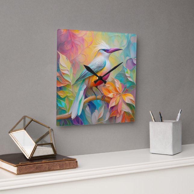 Pink Billed Red Breasted Fantasy Bird Square Wall Clock (Office)
