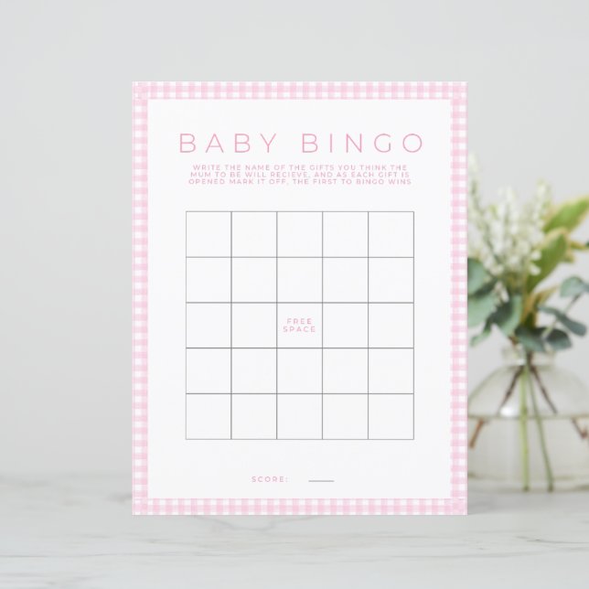 Pink Bingo Baby Shower Game Paper Sheet (Standing Front)