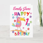 Pink Bird 1st Birthday Card<br><div class="desc">A special 1st birthday card! This bright fun first birthday card features a cute pink bird, some pretty stars and colorful text. A cute design for someone who will be one year old. Add the 1st birthday child's name to the front of the card to customize it for the special...</div>