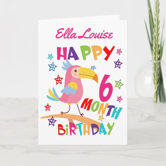 Pink Bird 6 Month Birthday Card (Front)
