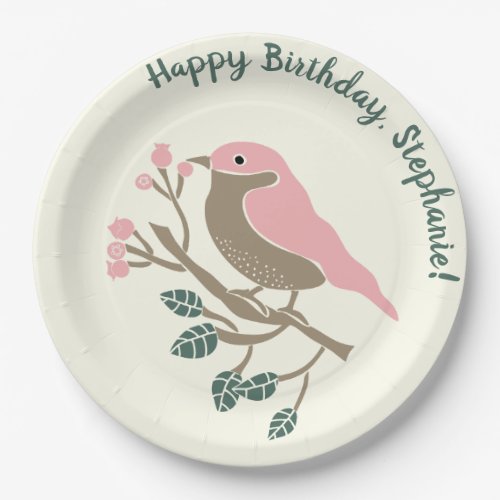 Pink Bird and Berries Personalized Birthday Paper Plates