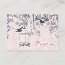 pink bird cage, love birds wedding reception cards