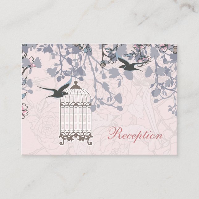 pink bird cage, love birds wedding reception cards (Front)