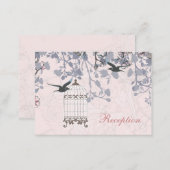 pink bird cage, love birds wedding reception cards (Front/Back)