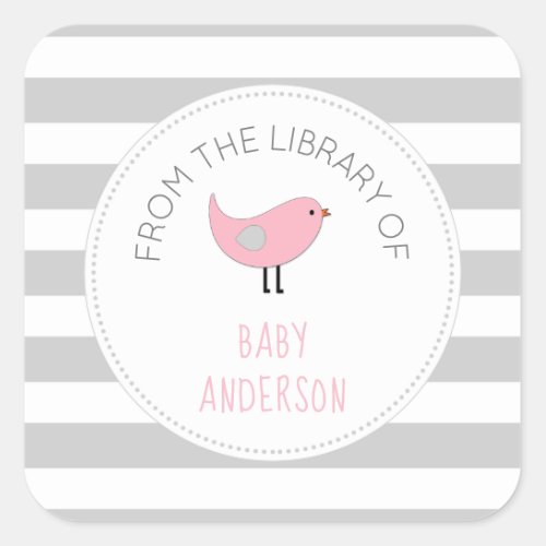 Pink Bird girl book baby shower bookplate