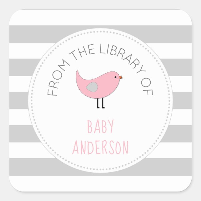 Pink Bird girl book baby shower bookplate (Front)