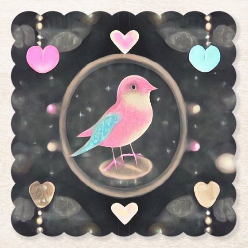 Pink Bird  Hearts Paper Coaster