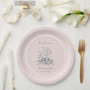 Pink Bird Nest Baby Shower Paper Plates
