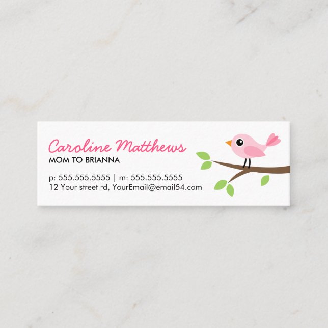 Pink bird on branch cute mom mommy calling card (Front)