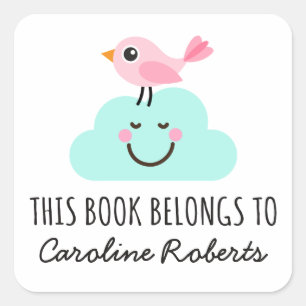 Pink bird on happy cloud cute bookplate