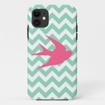 Pink Bird Silhouette On Chevron Stripes Iphone 11 Case by PatternPlethora at Zazzle