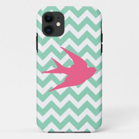 Pink Bird Silhouette On Chevron Stripes Iphone 11 Case