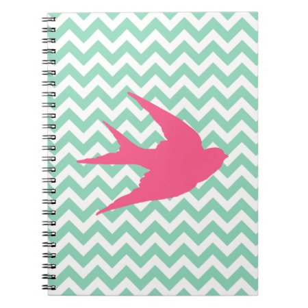 Pink Bird Silhouette On Chevron Stripes Notebook