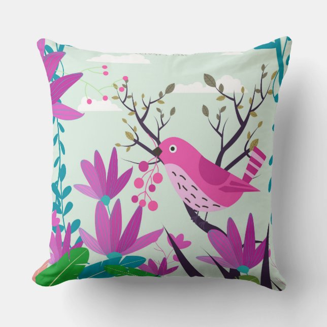Pink Bird Throw Pillow (Front)