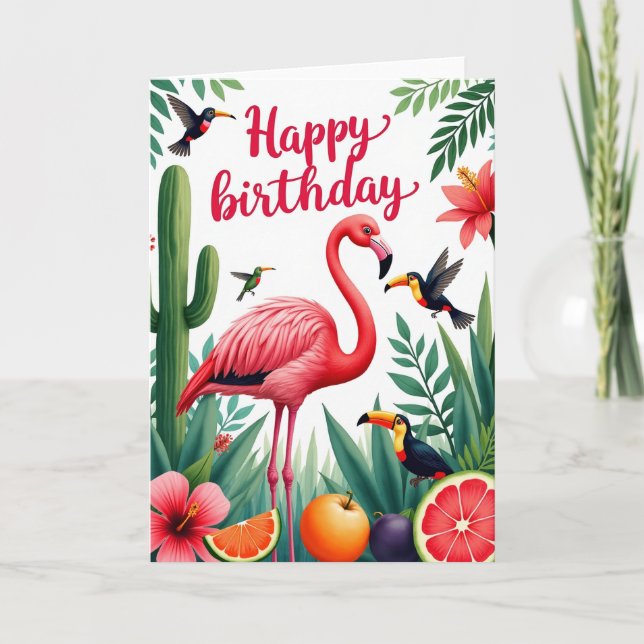 Pink Bird Tropical Birthday Card (Front)