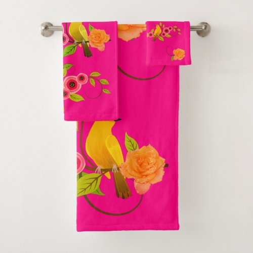Pink _ Bird Yellow Rose Bath Towel Set