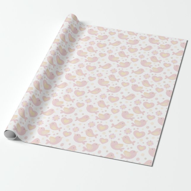 Pink Birds and Flowers Baby Shower Wrapping Paper (Unrolled)