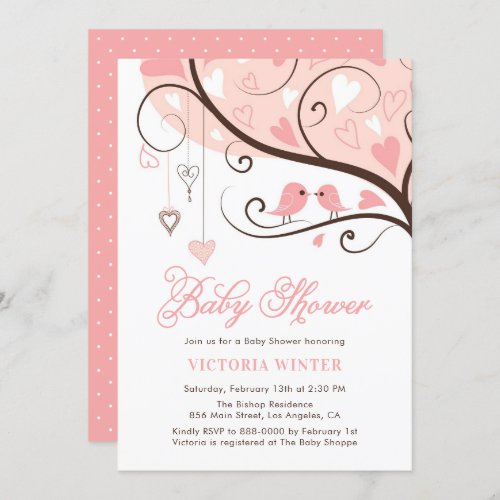 Pink Birds and Heartstrings Baby Shower Invitation