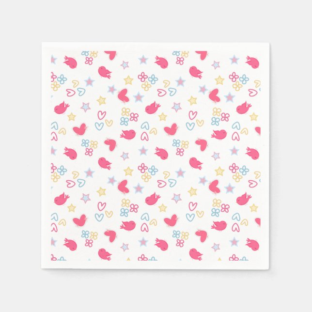 Pink Birds and Love Hearts Napkins (Front)