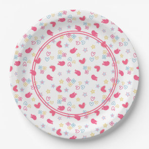 Pink Birds and Love Hearts Paper Plates