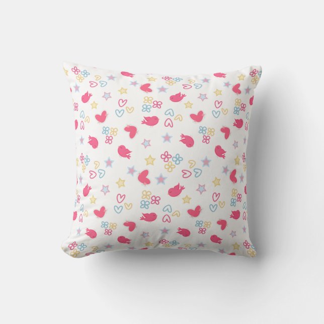 Pink Birds and Love Hearts Throw Pillow (Front)