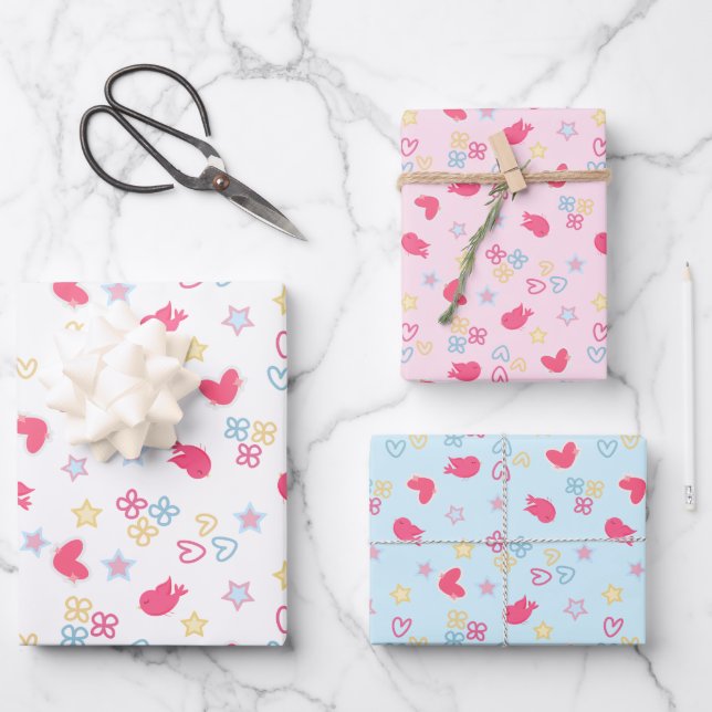 Pink Birds and Love Hearts Wrapping Paper Sheets (Front)
