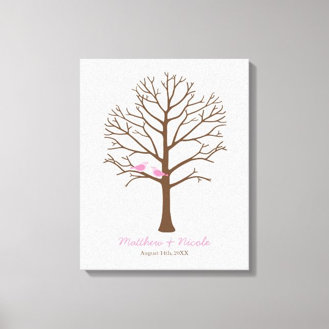 Pink Birds Brown Fingerprint Tree Wedding Canvas Print (Front)