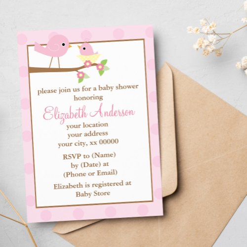 Pink Birds in a Nest Girl Baby Shower Invitation